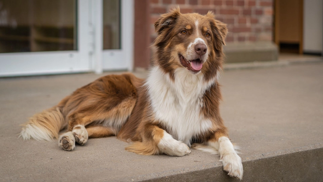 Schulhund Pepper auf der Treppe vor der Grundschule Börry&nbsp;&copy;&nbsp;Ilsetalschule