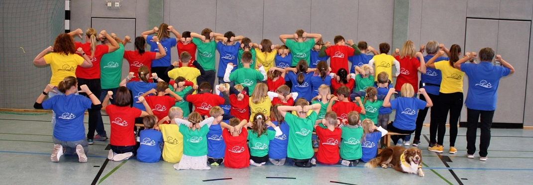 T-Shirts der Schule, getragen von allen Schülerinnen und Schülern und den Lehrkräften, fotografiert in der Sporthalle&nbsp;&copy;&nbsp;Ilsetalschule