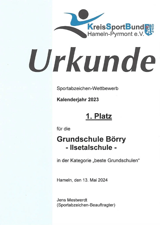 Urkunde Kreissportbund 2023&nbsp;&copy;&nbsp;Ilsetalschule