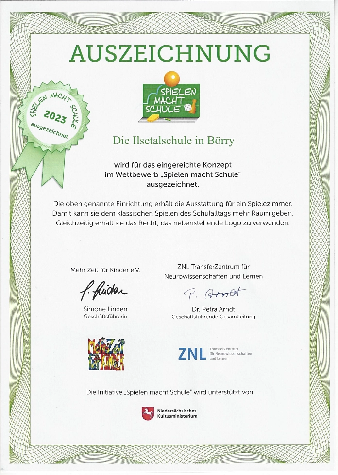 Urkunde Spielen macht Schule 2023&nbsp;&copy;&nbsp;Ilsetalschule